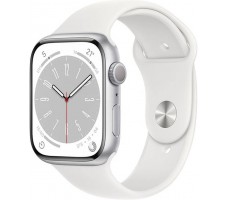 Apple Watch Series 8, 45mm, Silver Aluminum Case White Sport Band