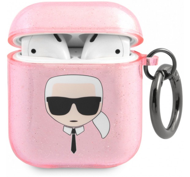 Чехол Lagerfeld для Airpods 1/2 TPU Glitters with ring Karl Transparent Pink