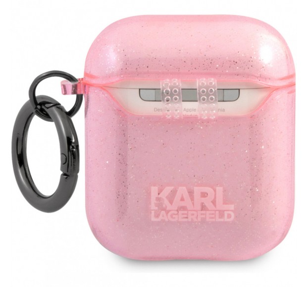 Чехол Lagerfeld для Airpods 1/2 TPU Glitters with ring Karl Transparent Pink