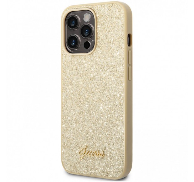 Guess для iPhone 14 Pro чехол Glitter flakes Metal logo Hard Gold