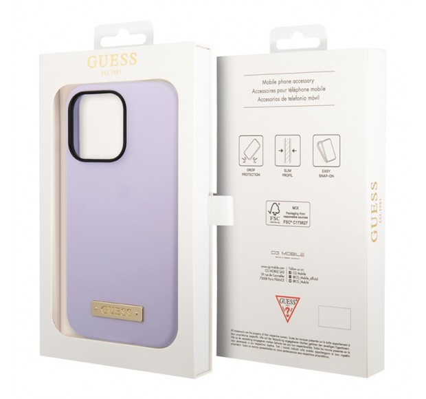 Guess для iPhone 14 Pro чехол Liquid silicone Plate metal logo Hard Purple (Magsafe)