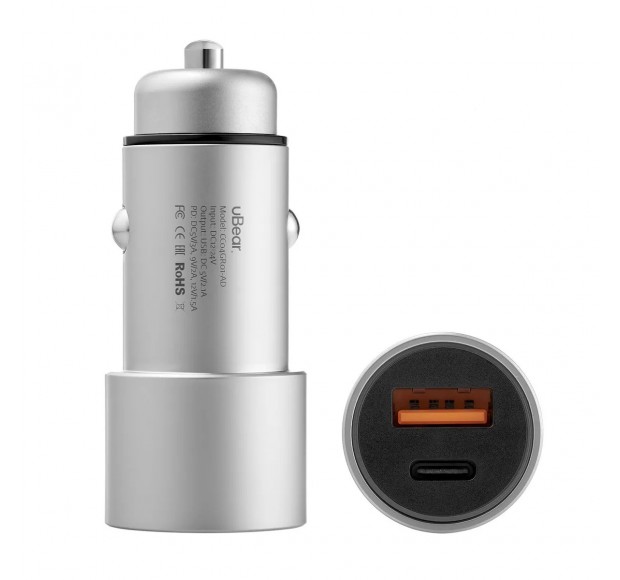 Автомобильное зарядное устройство uBear USB-C (PD) и USB A (QC 3.0), цвет: серый